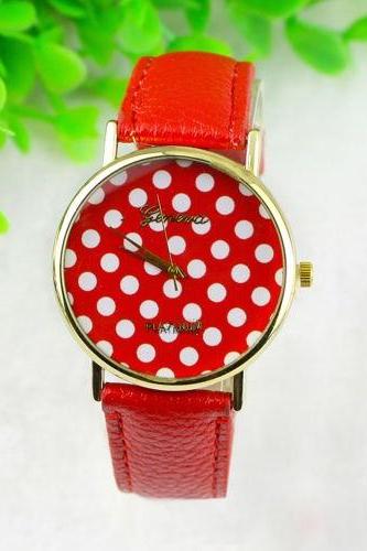 Red Polka Dot Leather Bracelet Vintage Retro Woman Unisex Watch