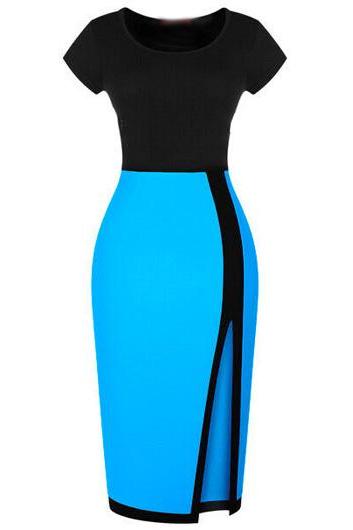 OL Style Side Slit Blue and Black Pencil Dress