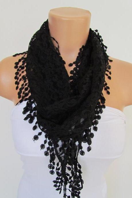 Black Long Scarf With Fringe-Winter Fashion Scarf-Headband-Necklace- Infinity Scarf- Winter Accessory-Long Scarf