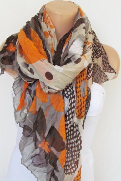 Orange Brown and Cream Floral Polka-dot Pattern Scarf Spring Summer Scarf Infinity Scarf Women's Fashion Accessories Trend Holidays Easter Gift Ideas For Her