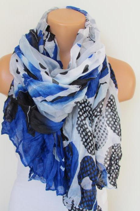 Navy Blue Black and White Floral Polka-dot Pattern Scarf Spring Summer Scarf Infinity Scarf Women's Fashion Accessories Trend Holidays Easter Gift Ideas For Her