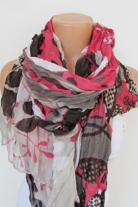 Pink Brown and Cream Floral Polka-dot Pattern Scarf Spring Summer Scarf Infinity Scarf Women's Fashion Accessories Trend Holidays Easter Gift Ideas For Her