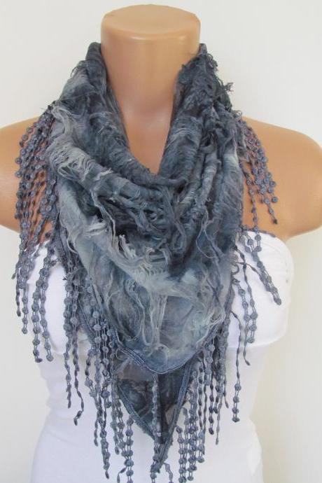 Gray Scarf With Fringe -triangle Shawl Scarf-spring Fashion-lace Scarf- Neckwarmer- Infinity Scarf-mother&amp;#039;s Day Gift