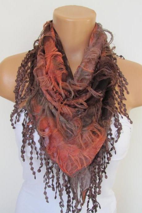Brown Terra cotta Scarf with fringe -Triangle Shawl Scarf-Spring Fashion-Lace Scarf- Neckwarmer- Infinity Scarf-Mother's Day Gift