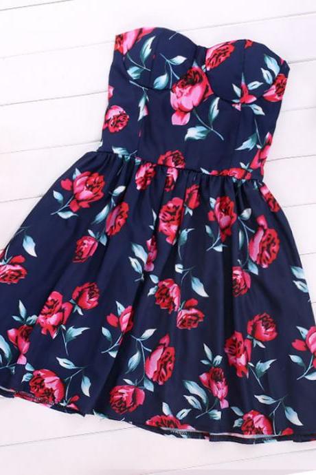 Strapless Rose Flower Printed Dress