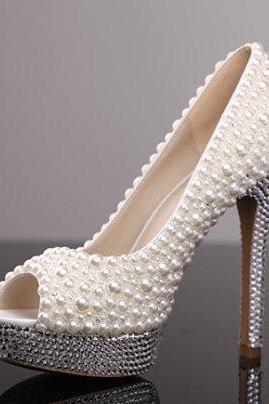 Pearl High Heel Shoes Rhinestone White Bridal Wedding Shoes, Bridal, bridal shoes, Lady formal occassions Dress Shoes Party Prom Shoes