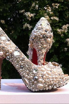 Elegant pearl wedding shoes, bridal shoes, bridal, bridesmaid heels shoes 