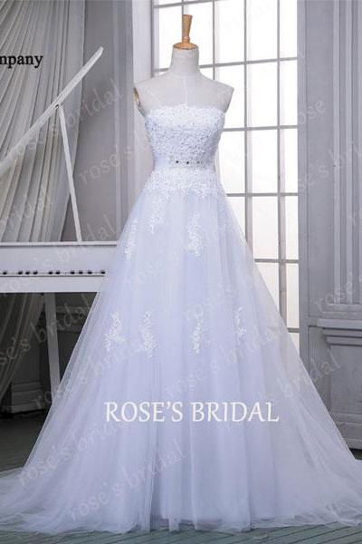 White Lace Appliques Strapless Straight-across Floor Length Tulle Wedding Gown Featuring Train