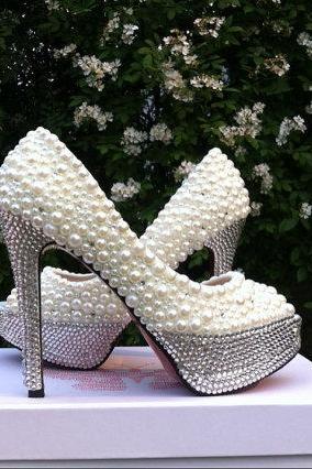 Pearl Rhinestone White Bridal Wedding Shoes, Bridal shoes, Lady formal occassions Dress Shoes Party Prom Shoes