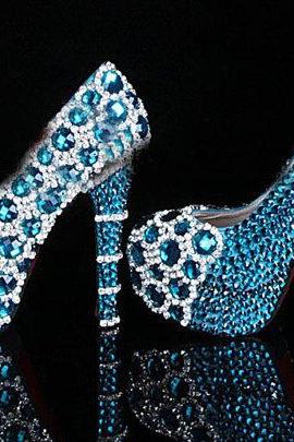 Unique bling Blue Crystal Diamond Wedding dress shoes Handmade Rhinestone Party Prom Shoes Bridesmaid Shoes