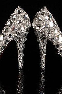 Bling Crystal High Heel Wedding Shoes Silver Bridal Dress Shoes Woman Nightclub Party Banquet Dress Shoes