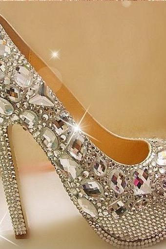 Gorgeous Fashion Silver High Heels Crystal Wedding Shoes Lady Glitter Bridal Dress Shoes Graduation Party Prom Shoes
