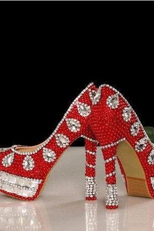 Arrival Red Crystal High Heels Bride Wedding Shoes Banquet Rhinestone Nightclub Party Prom Pumps Woman Shoes For Mom