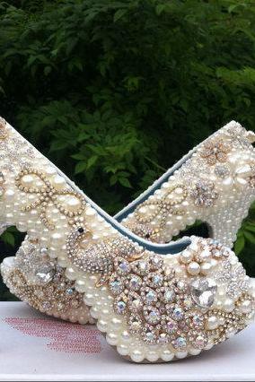 Fashion High Heel Wedding Shoes Pearl Peacock Rhinestone Women Shoes Wedding Shoes Genuine Leather Crystal Shoes