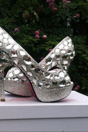 Wedding shoes women high heels crystal Fashion Bridal Dress shoes woman platforms silver rhinestone Party Prom pumps