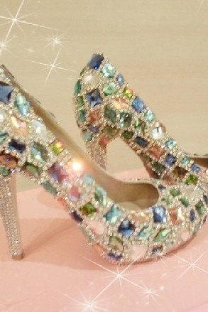Bling Unique Crystal Diamond Wedding Bridal Shoes High Heel Waterproof Graduation Party Prom Evening Shoes