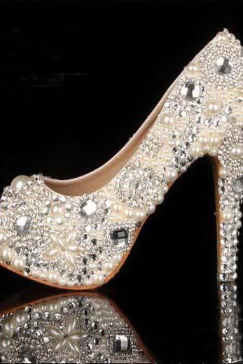 2015 Unique Ivory Pearl Rhinestone Wedding dress Shoes Peep Toe High Heeled Bridal Shoes Waterproof Woman Party Prom Shoes