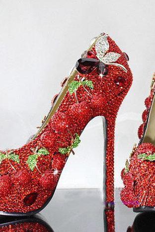 Handmade Red Cherry Crystal Bridal Shoes Bling Rhinestone Party Prom Shoes Luxury Cinderella Shoes Platforms Wedding Pumps