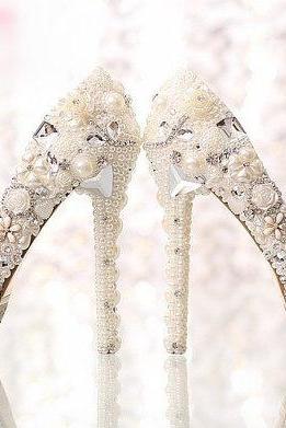 Luxuy Handmade Pearl Crystal Diamond Wedding Shoes White Bridal Dress Shoes Women Platform High heels 3 Inches Glitter Pumps