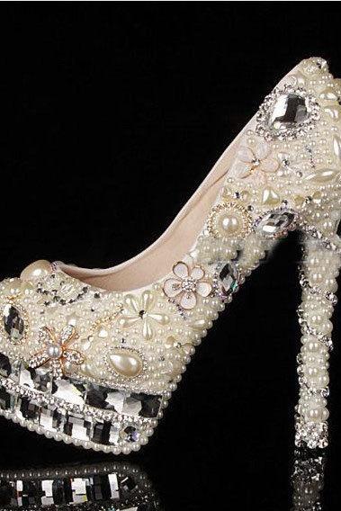 Luxuy Handmade Pearl Crystal Diamond Wedding Shoes White Bridal Dress Shoes Women Platform High heels Glitter Pumps
