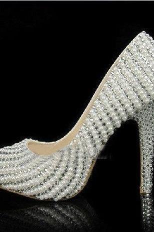 Handmade Crystal Rhinestone Bride Shoes Pearl Wedding Pumps Women White High Heels Women's Bridal Dress Shoes Prom Heels