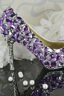 Women Purple Crystal Wedding Shoes Luxurious Beautiful Bridal Dress Shoes Women High heel party club Shoes 