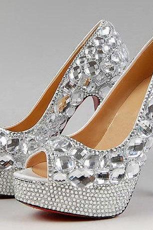Peep Toe Crystal High Heel Wedding Shoes Silver Bridal Dress Shoes Women Nightclub Party Banquet red bottom Dress Shoes
