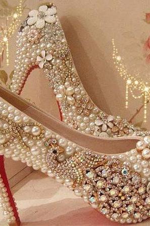 Fashion 2015 High Heel Wedding Shoes Pearl Peacock Rhinestone Women Shoes Wedding Shoes Red Bottom Shoes