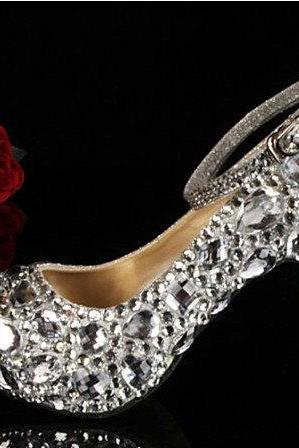 Customized New Silvery white crystal strap Wedding Pump Shoes women's Rhinestone high heel Genuine Leather shoes