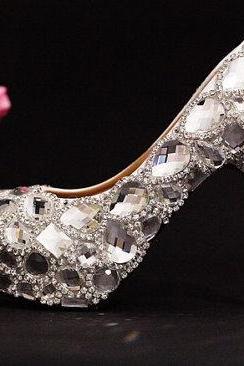 Luxury Bridal Shoes silver small crystals mix big crystals gems high heels wedding shoes Sparkling Formal Dress Shoes