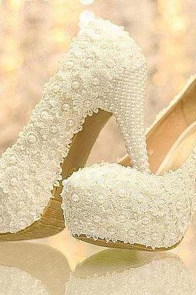 New Arrival White Lace Wedding Dress Shoes High heels Bridal Shoes with Pearls Party Prom Shoes Ladies Wedding Shoe