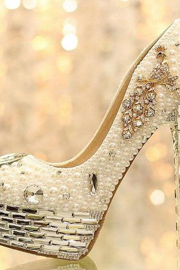 Rhinestone Peacock Design Crystal Pearl Women High Heels Valentine Pumps Party Bridal Shoes Wedding Shoes