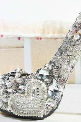 Elegant Wedding Bridal Shoes heart Rhinestone with Imitation Pearl floral High Heel women Wedding Dress Shoes