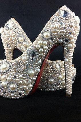 Red bottom Ivory Pearl Wedding Shoes High Heels Rhinestone Bridal Shoes Platform Pumps bridesmaid shoes
