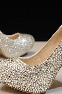 Wedding Bridal Shoes fashion Ladies Rhinestone Dress Shoes Party Prom Crystal Beige bottom Pumps Bridesmaid Shoes