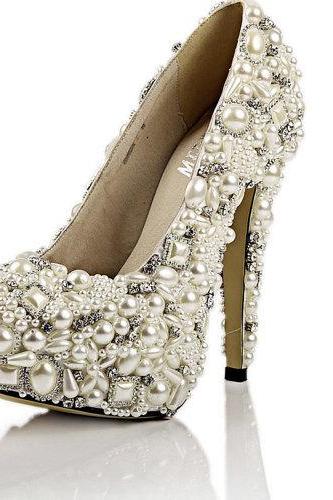 Fantastic Free Shipping Ivory Pearl Wedding Shoes High Heels Rhinestone Bridal Shoes Platform Pumps bridesmaid shoes