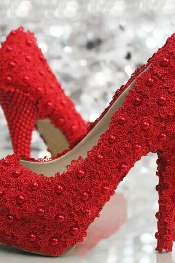 Fashion Red Lace Flower Wedding Bridal Shoes Pearl Girl Dress Shoes Party Prom Shoes For Wedding Anniversary Party