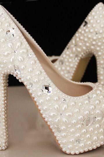 Custom design shoes Make plus size pearl floral and crystals bridal wedding Pumps shoes Lady Shoes Party Prom High Heels