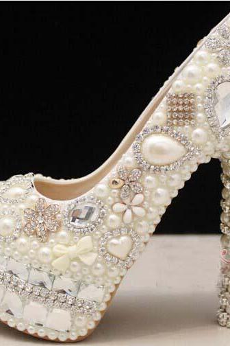 Unique Ivory Pearl floral Dress Shoes Women Rhinestone Bridal Shoes Wedding High Heels Shoes Party Prom Shoes free shipping