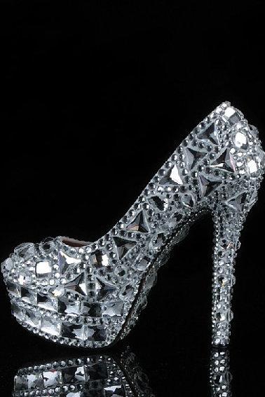 2015 Fashion Silver Rhinestone Wedding Party Prom Shoes Luxury Full Crystal Bridal High Heels Nightclub Pumps