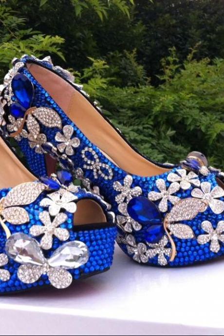 Luxury Peacock Blue Floral Diamond Bridal Weddding Shoes High Heels Rhinestone Platform Prom Pumps Shipping