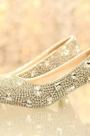 Comfortable Bling Low Heel Rhinestone Bridal Wedding Shoes Women Crystal Performance Shoes Diamond Lady Party Prom Shoes