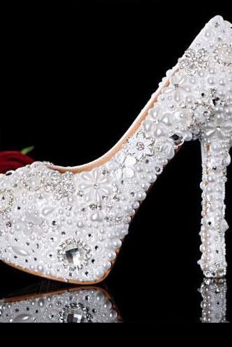 Custom Ivory Pearl Wedding Shoes High Heels Floral Rhinestone Bridal Shoes Platform Pumps Bridesmaid Shoes