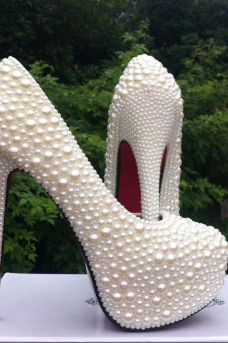 Red Soles Shoes High Quality Luxurious White Imitation Pearl Wedding Shoes High Heel Shoes For Women Honeymoon