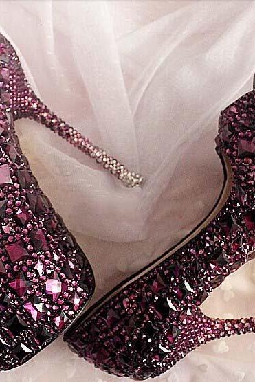 Purple Rhinestone Crystal Wedding Shoes women Party Dress Shoes Peep Toe Wedding Dress Shoes Wedding Shoes