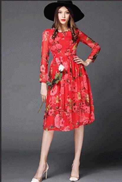 Women Silk long dress pleated widen floral super star dresses Dress