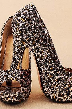 Luxury Diamond Bridal Weddding Shoes high heels rhinestone platform Prom pumps peep toe shoes
