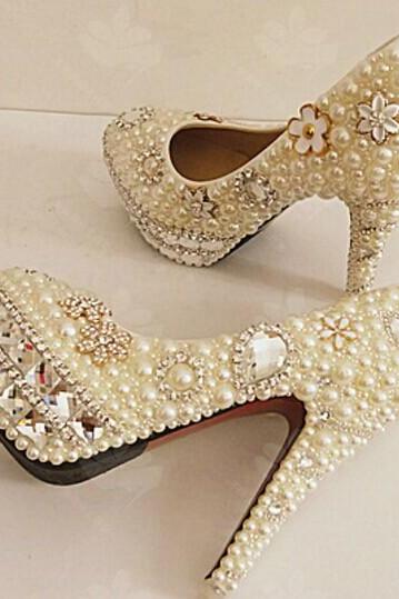 Unique Pearl floral Dress Shoes Women Rhinestone Bridal Shoes Wedding High Heels Shoes Party Prom Shoes