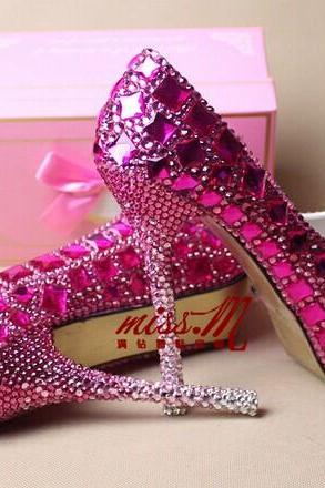 Purple Rhinestone Bling handmade custom high heels Peep toes Crystal party wedding bridal shoes