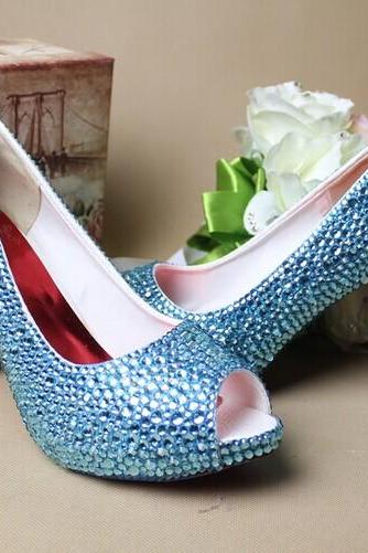 Blue Rhinestone Wedding Bridal Shoes fashion Ladies Dress Shoes Party Prom Crystal Pumps Bridesmaid Shoes